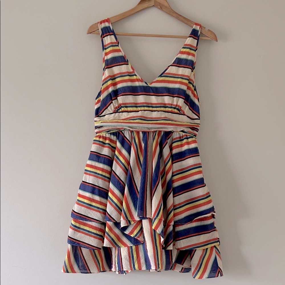 Thread Social | Stripped Blouson Tiered Ruffle Mini Dress 100% Cotton Babydoll 8